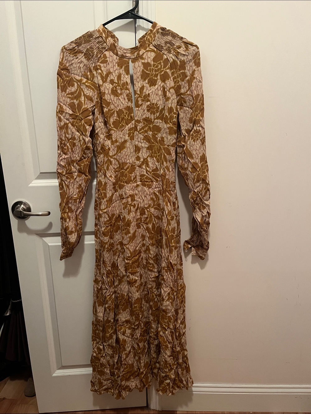 Zara Mustard and Cream Long-Sleeve Floral Midi Dress